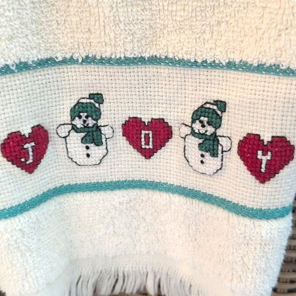 Vintage Festive Cream Hand Towels with Cross Stitched Holiday Motifs Set Of 2